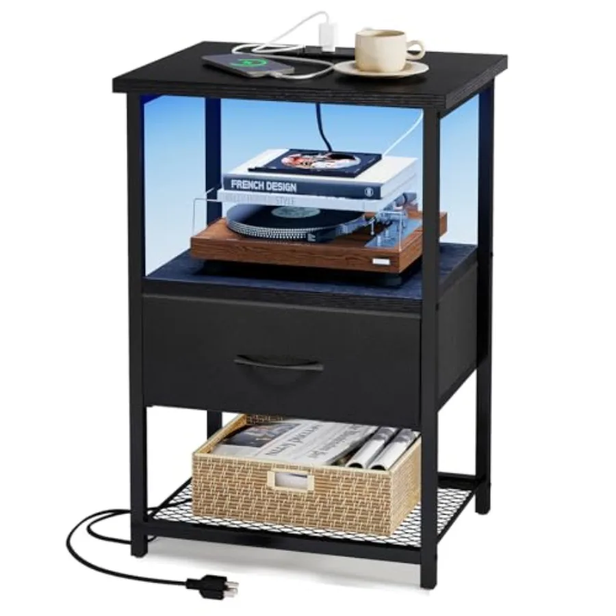 

Night Stand with Charging Station LED Nightstand Side Table with Fabric Drawers PU Finish End Tables Bedroom Bedside Table