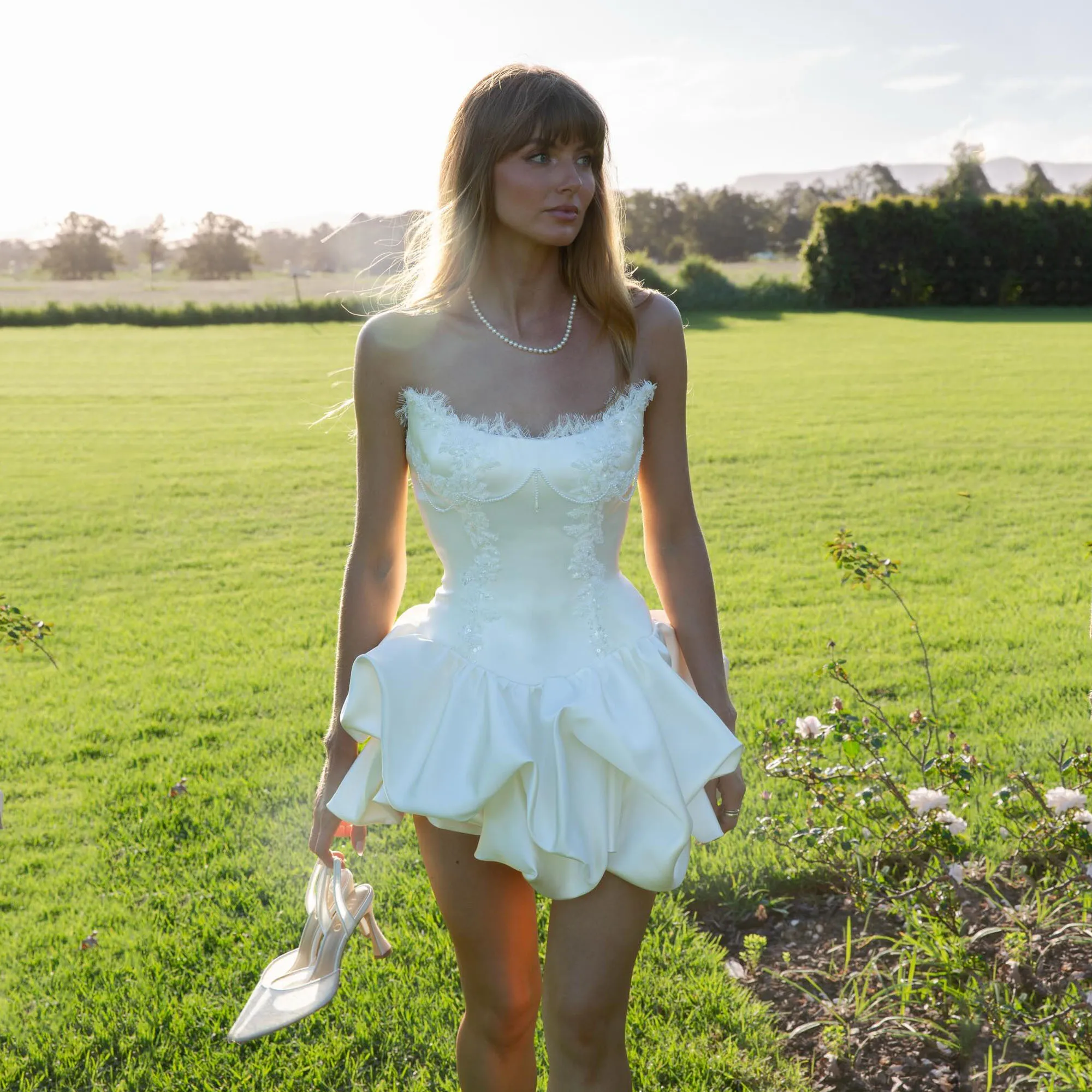 

Strapless Short Lace Wedding Dresses 2026 New Satin Ruffle Hem Pearls Bridal Mini Dress for Reception Above Knee Customized