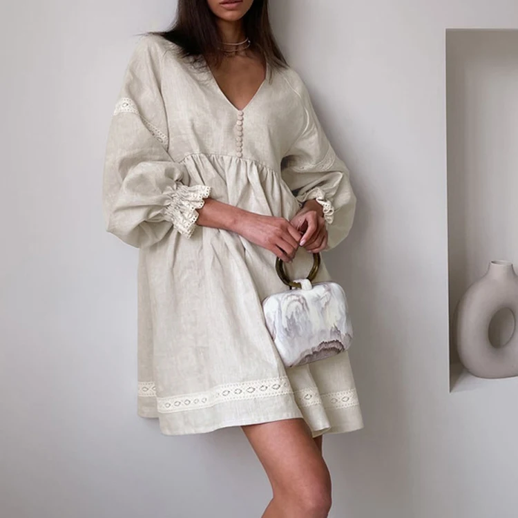 2023 neue Sexy V-ausschnitt Kleid Puff Langarm Lose Stil Baumwolle Und Leinen Frauen Sommer Kleid Böhmischen Mini Kleid