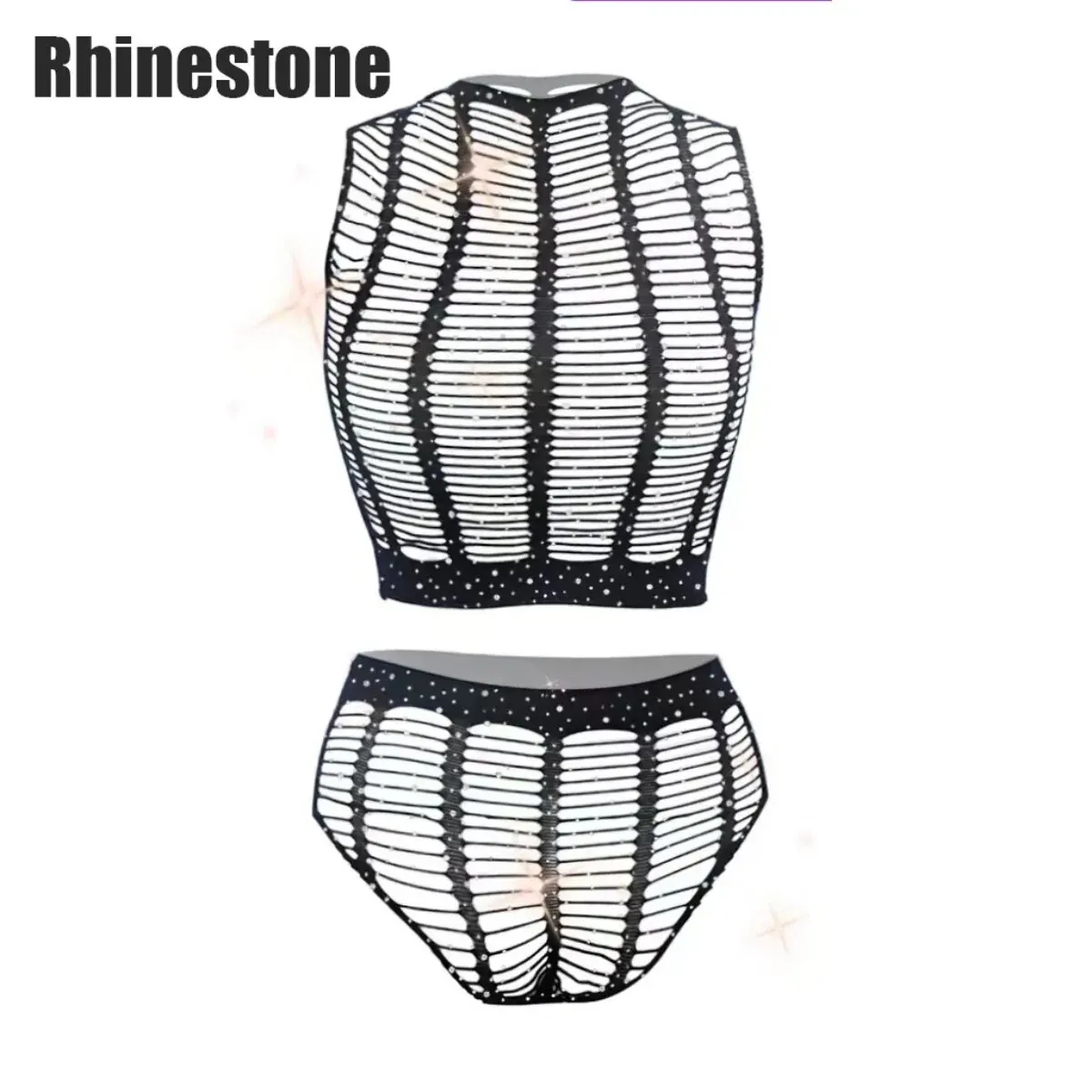 Sexy Cover Up Without Bikini Black Round Neck Rhinestone Decor See Through Hollow Out High Cut Two Pieces Sets T560