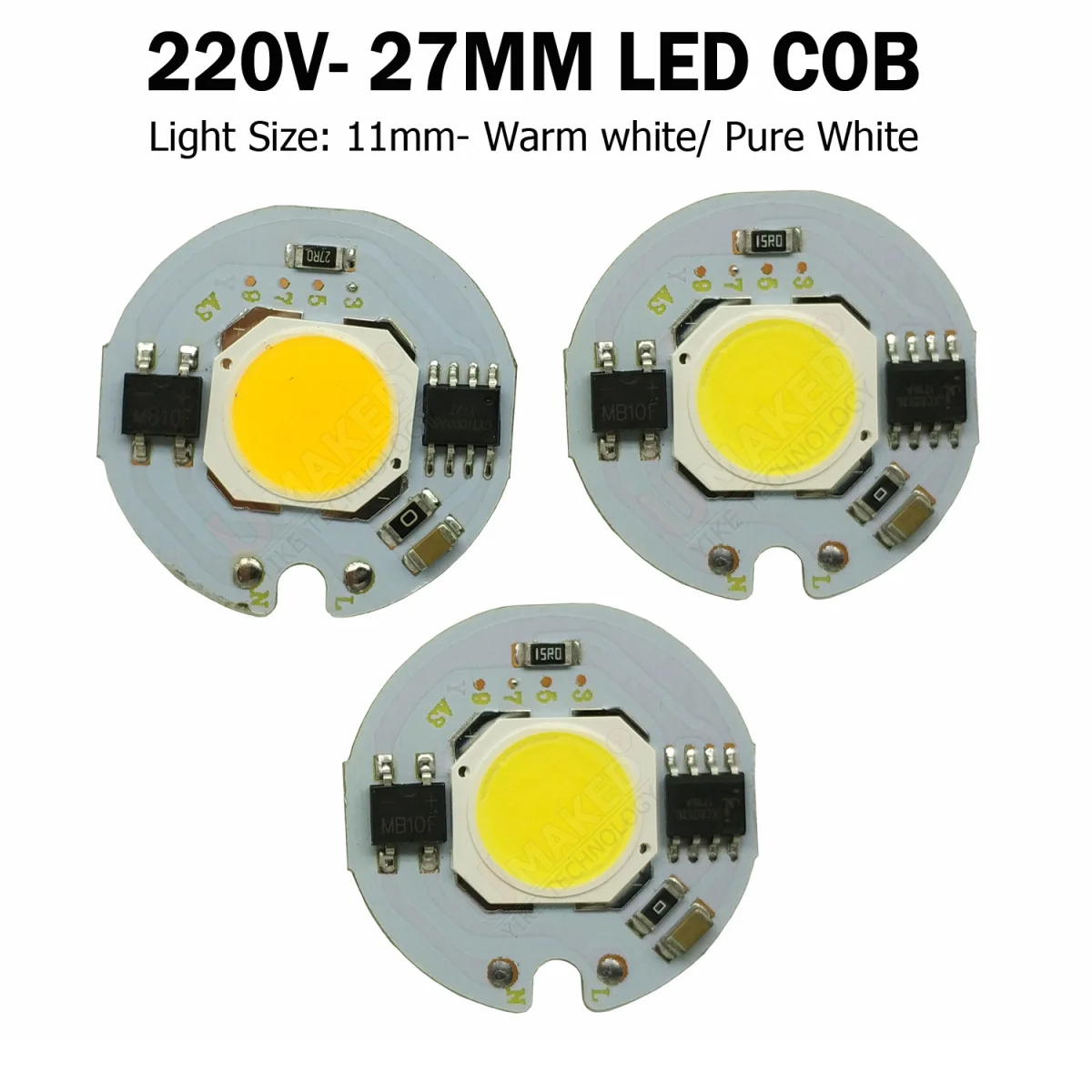 5pcs 220V 27mm LED COB Chip Bead 3W5W7W9W Bulb Lamp Source Warm White 3000K/6000K Driverless Aluminum PCB DIY for Spotlight