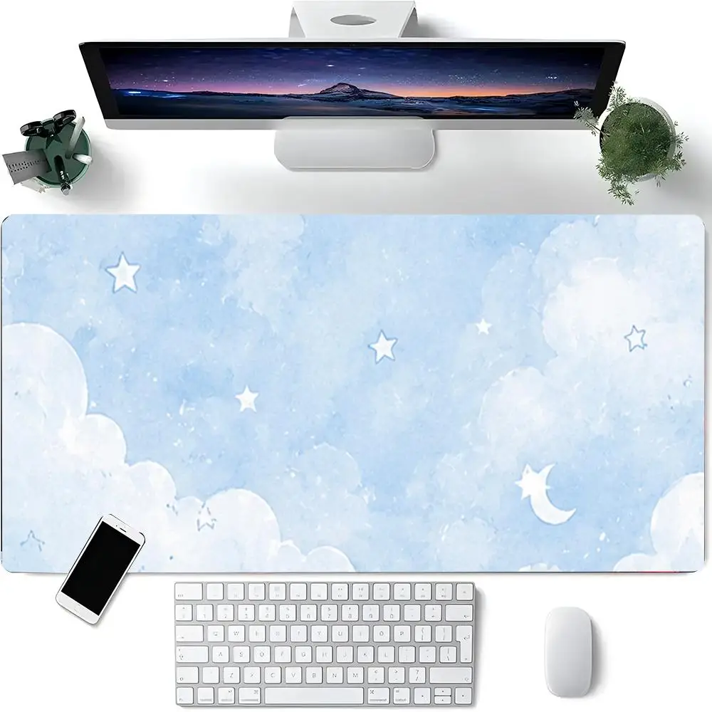 Pastel Blue Watercolor White Cloud Crescent Moon Stars Gentle Aesthetic Large Gaming Mouse Pad Wear Resistant Pad