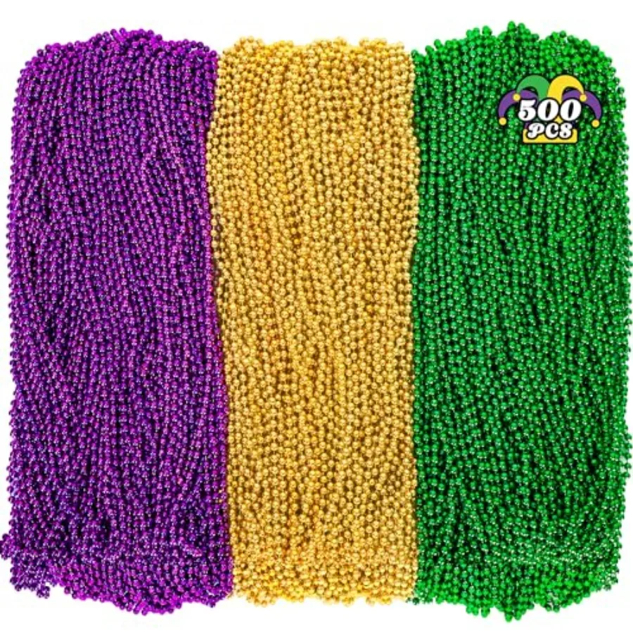 

500PCS Mardi Gras Beads 33 Purple Gold Green Beaded Necklace for Women Men Party Parade Throws Bulk Accessories Christmas Pirat