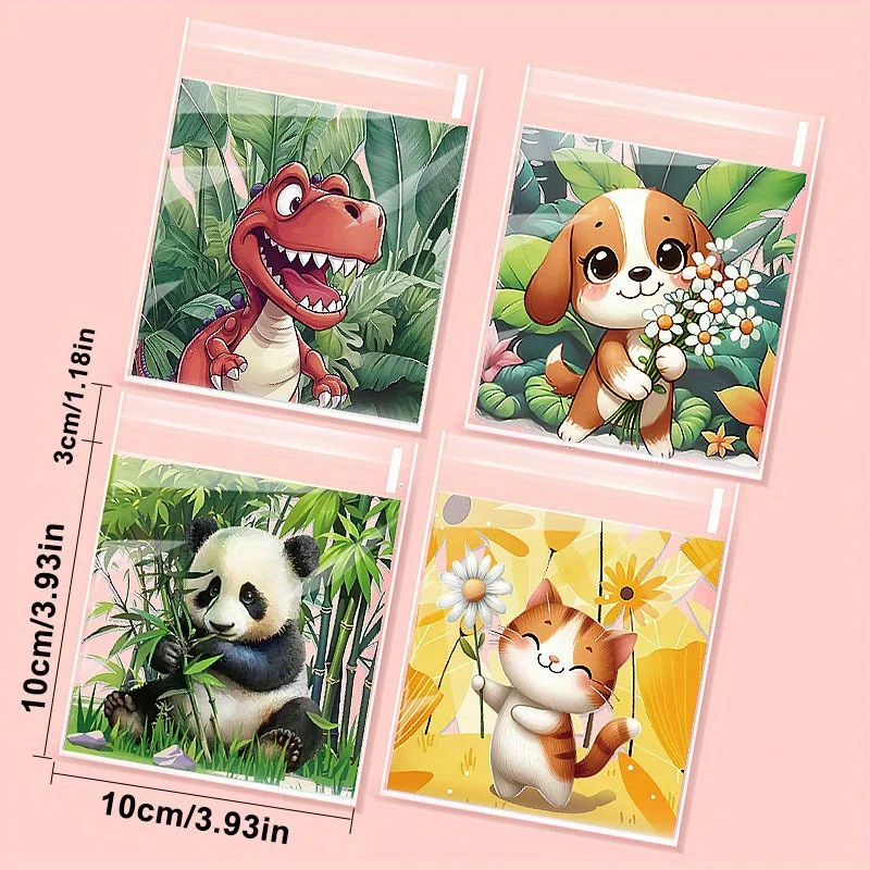 100pcs Fashion Animal Pattern Self-adhesive Bags, Animal Theme Transparent Packaging Bag, Vintage Style Gift Wrapping Bag
