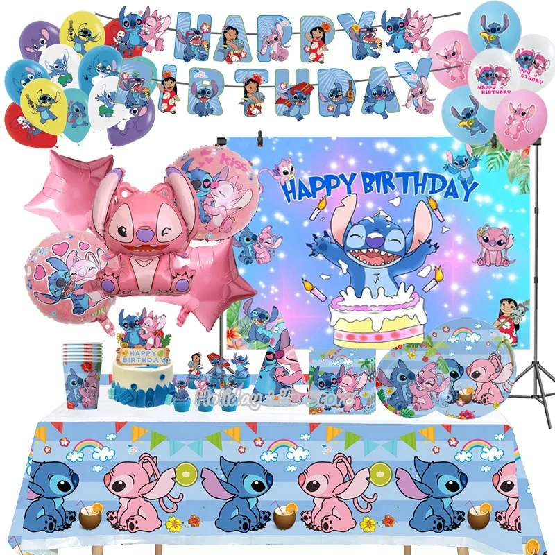 

Disney Stitch Birthday Party Decoration Pink Angel&Stitch Theme Event For Kids Balloon Disposable Tableware Banner Backdrop