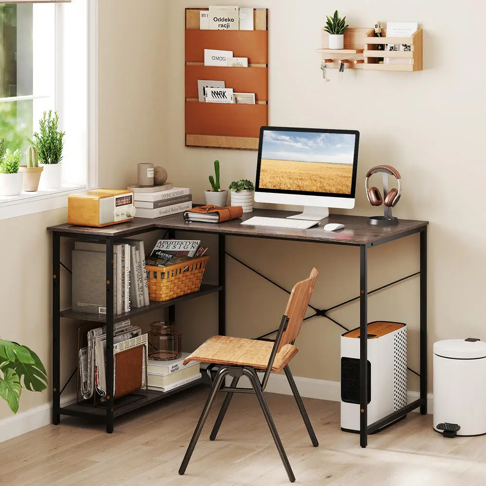 L-shaped 47 Inch Reversible Corner Desk with Adjustable Storage Shelves-Gray