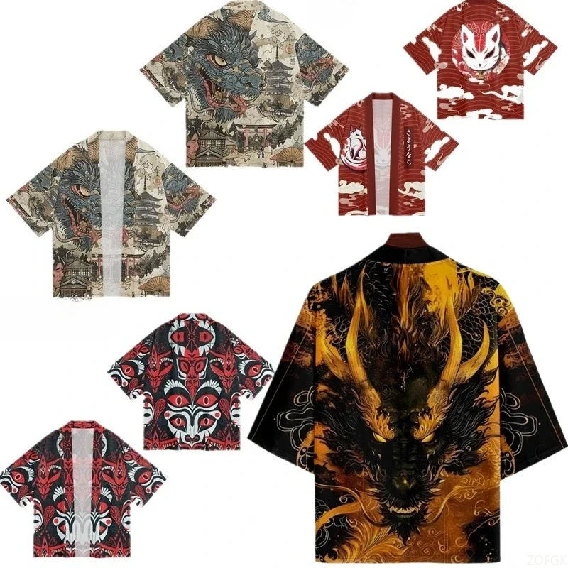 2025 China-Chic Dragon Japanese Kimono Feather Weave Cloak Taoist Robe Half Sleeve 3D Digital Print Top