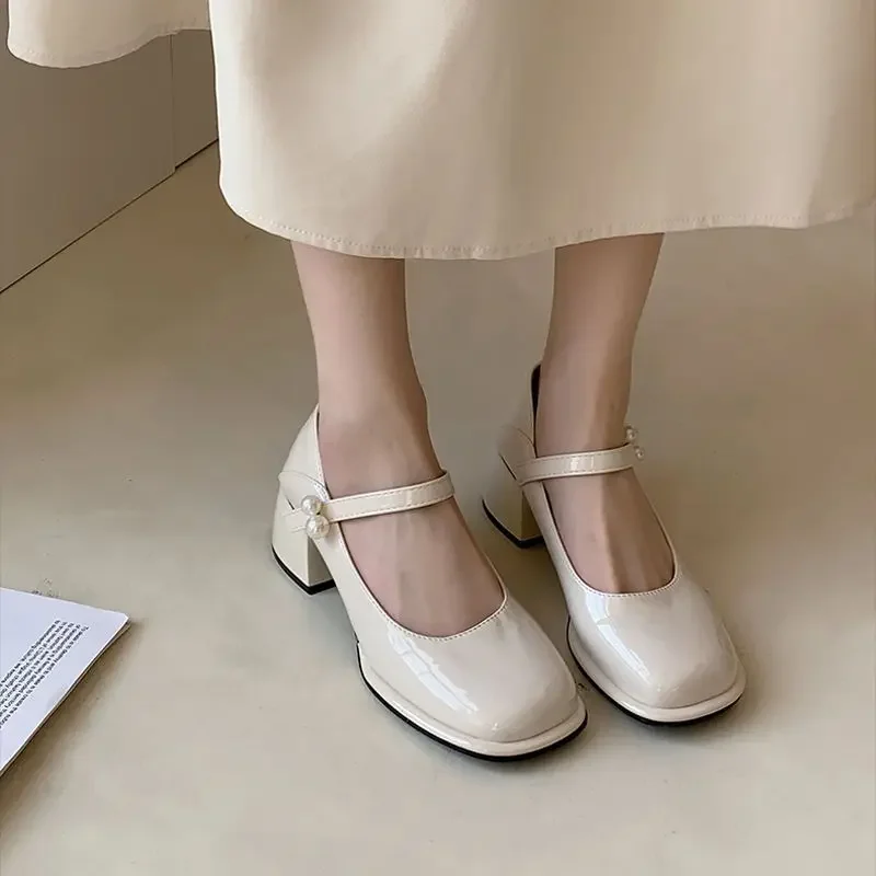 Pearl Square Heels Shoes for Women Chunky Beige with Medium Normal Leather Casual Japanese Style Lolita Toe Gothic Mary Jane L A