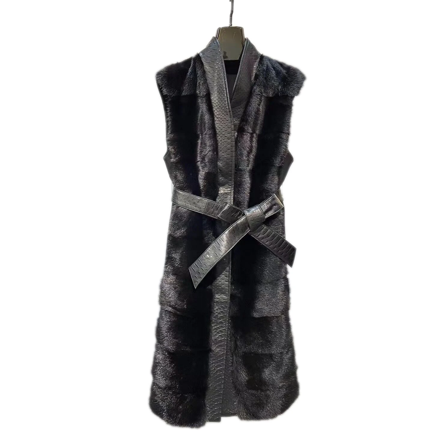 Natural Mink Fur Vest Sheep Leather Python Pattern Belt Waistcoat 2024 Furry Winter Warm black Sleeveless vest length 100 cm