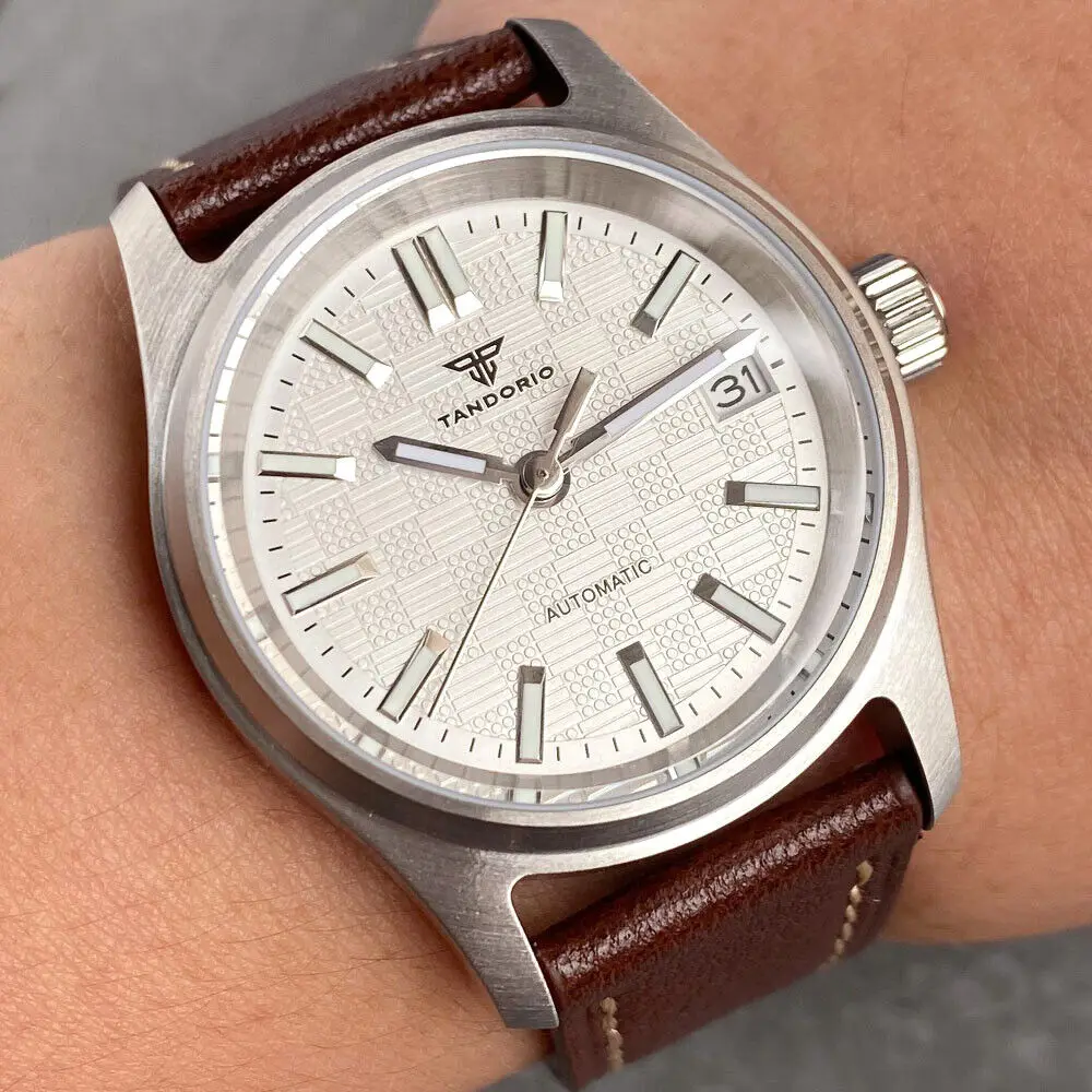 36mm Tandorio NH35A Textured Dial Automatic Mens Watch Sapphire Leather Bracelet