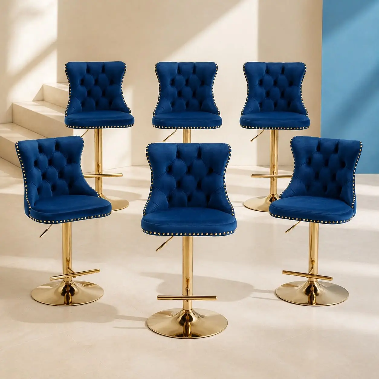 Blue Velvet Adjustable Swivel Bar Stools Set of 6 with Tufted Back & Nailhead Trim for Kitchen Island Counter Height, Customized