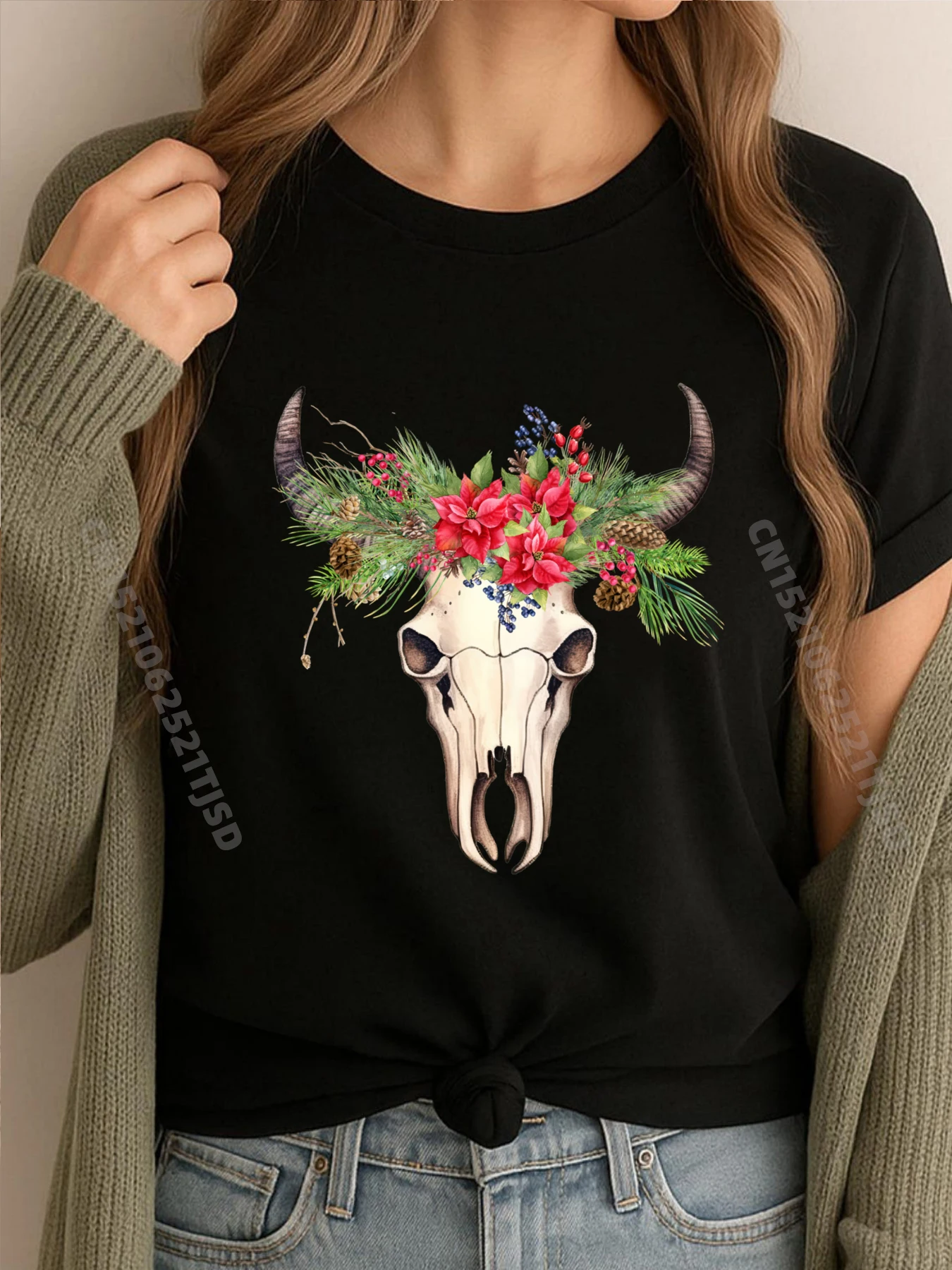 

Christmas Floral Bull Skull 3d Printed T Shirts T-Shirts Easter Sunday