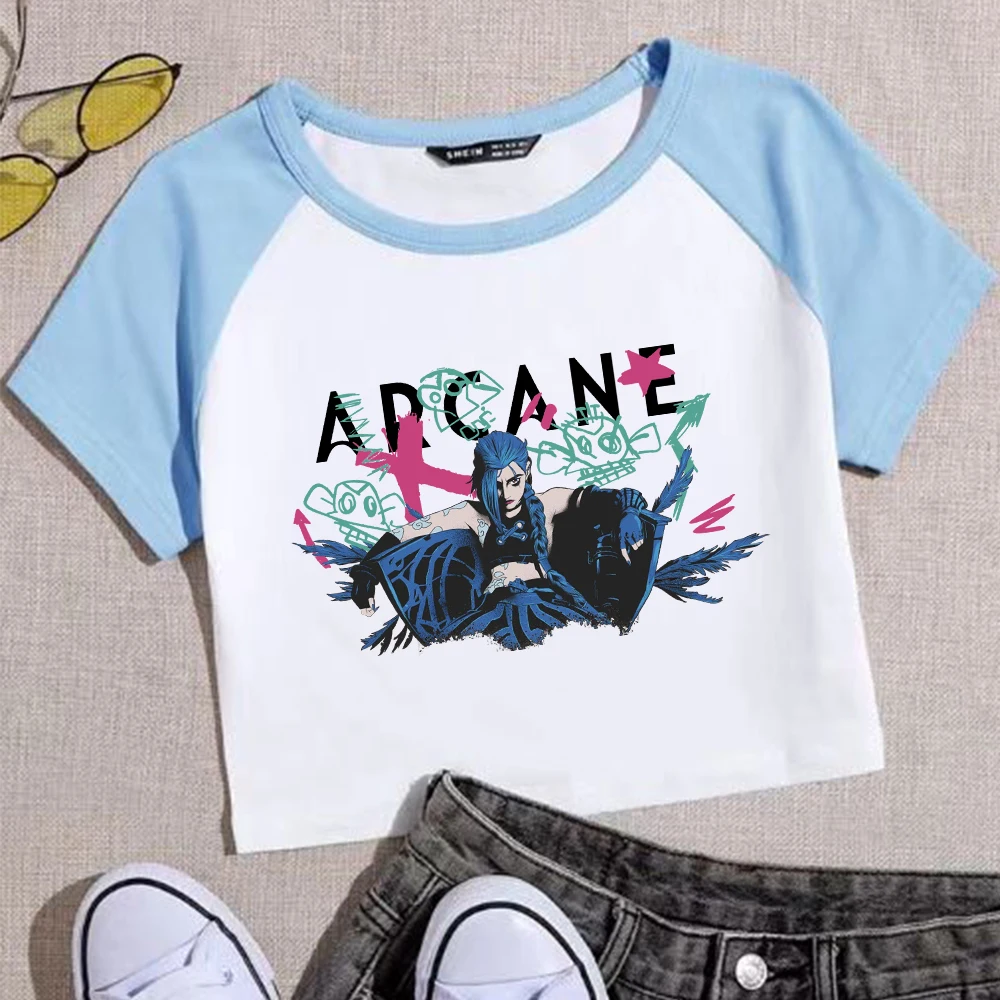 Jinx Arcane Poster Girls Crop Shirts Color blocked short sleeves O-Neck Top