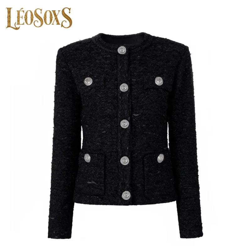 LEOSOXS Women's Elegant Black Casual Blazer Lion-Head Buttons & Textured Fabric For Autumn Winter Timeless Sophistication 2025