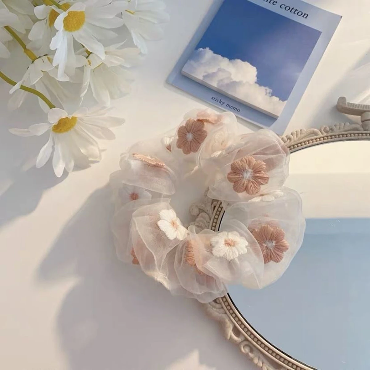 2Pcs Floral Organza Hair Scrunchies for Women, Cute Embroidered Flower Hair Ties, Sheer Hair Accessories for Daily and Sweet Hair Styling view 3