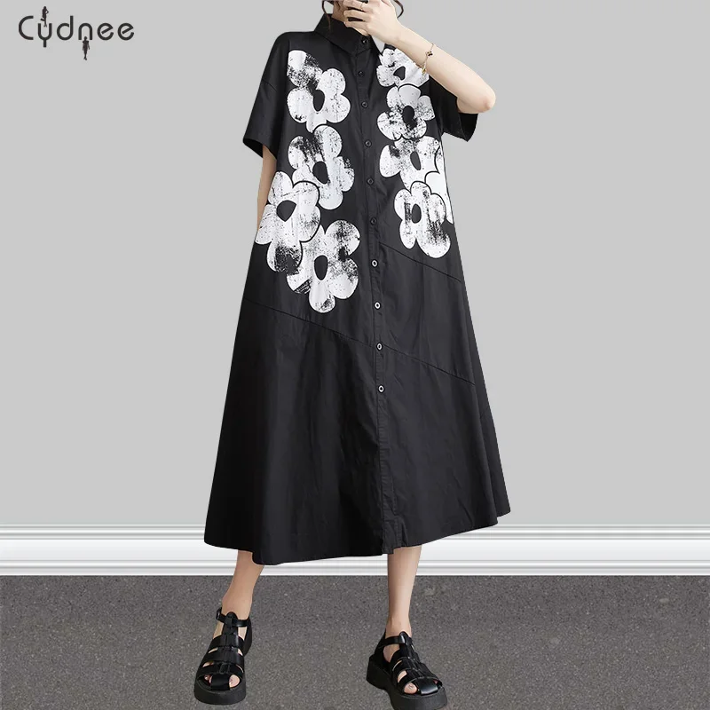 Black White Flower Print Long Shirt Dress Women's Loose Vintage A Line Dress Pocket Split Joint Office Midi Summer Dresses