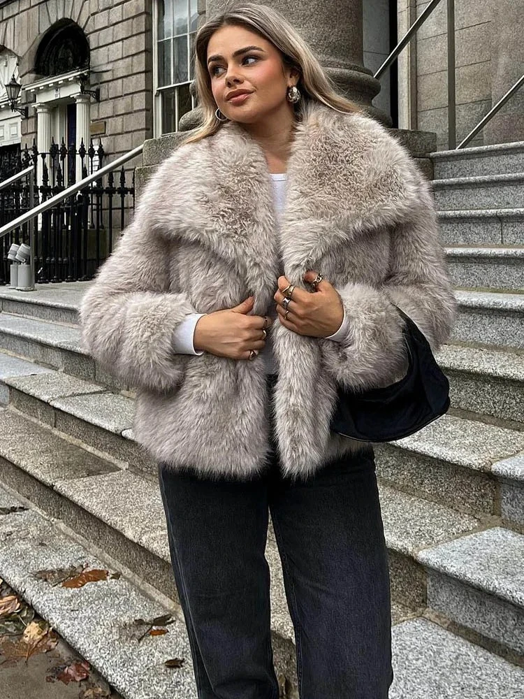 

Fur Coat Eco-friendly Women Cropped Faux Fur Jacket Coat Long Sleeve Front Snap-button Female Outerwear Chic Lapel Collar Coat
