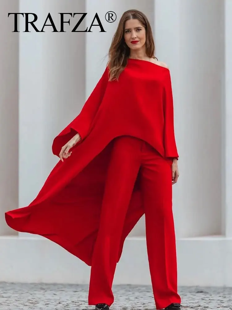 TRAFZA 2024 Spring Women\'s Dress Round Neck Asymmetric Red Satin Cape Style Dresses Wild Loose Casual Woman Resort Style Dress