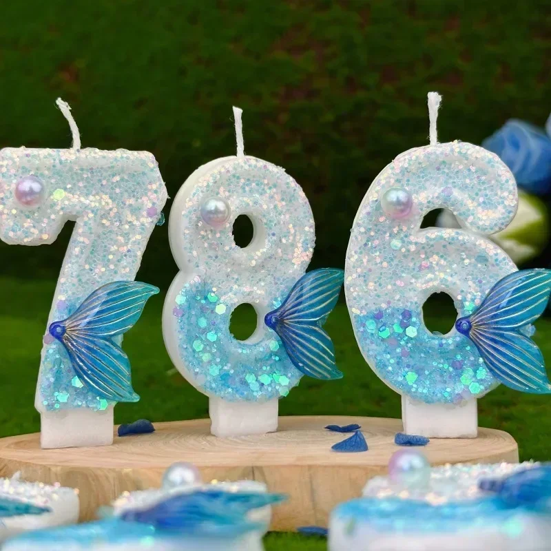 رقم عيد الميلاد 0-9 شموع كعكة حورية البحر ذيل بريق شمعة الديكور DIY لوازم الخبز للاحتفال بالذكرى السنوية للزفاف