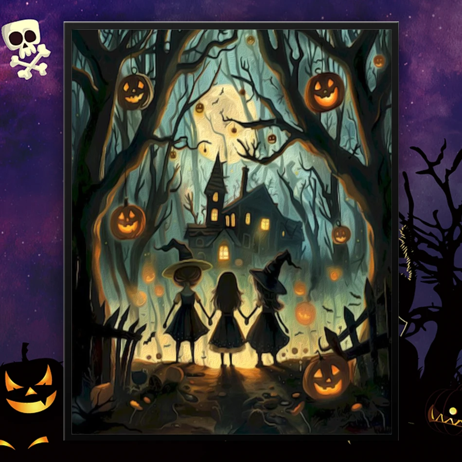 

GATYZTORY Painting By Numbers Acrylic Witch Family Forest Landscape Halloween Watercolor Drawing Canvas Picture Paint Decorative