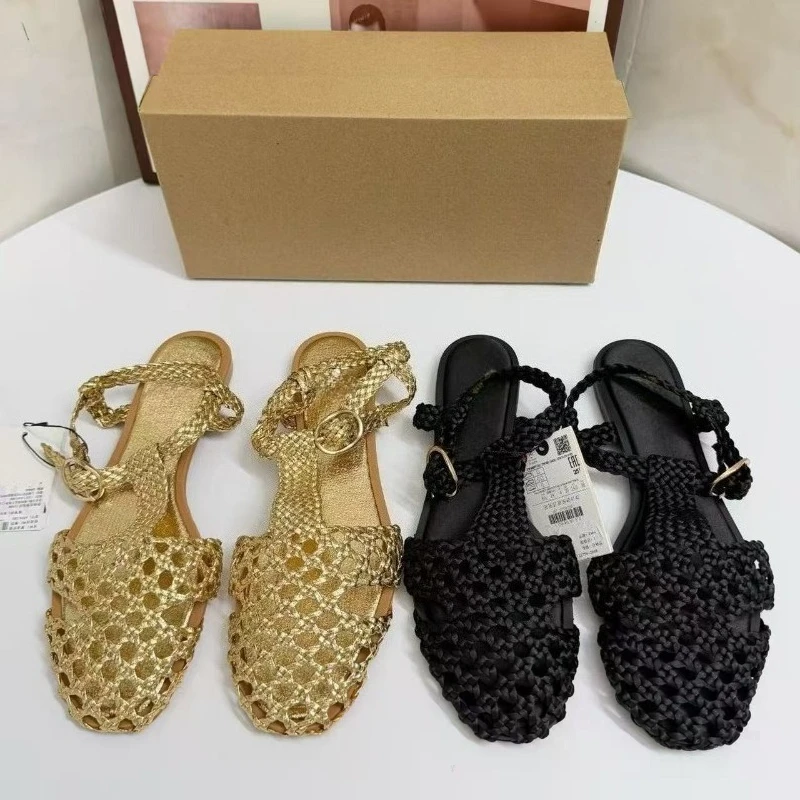 Women's Crochet Design Flat Sandals Square Toe Hollow Out Woven T-Strap Sandals Buckle Ankle Strap Casual Summer Mesh Shoes view 6