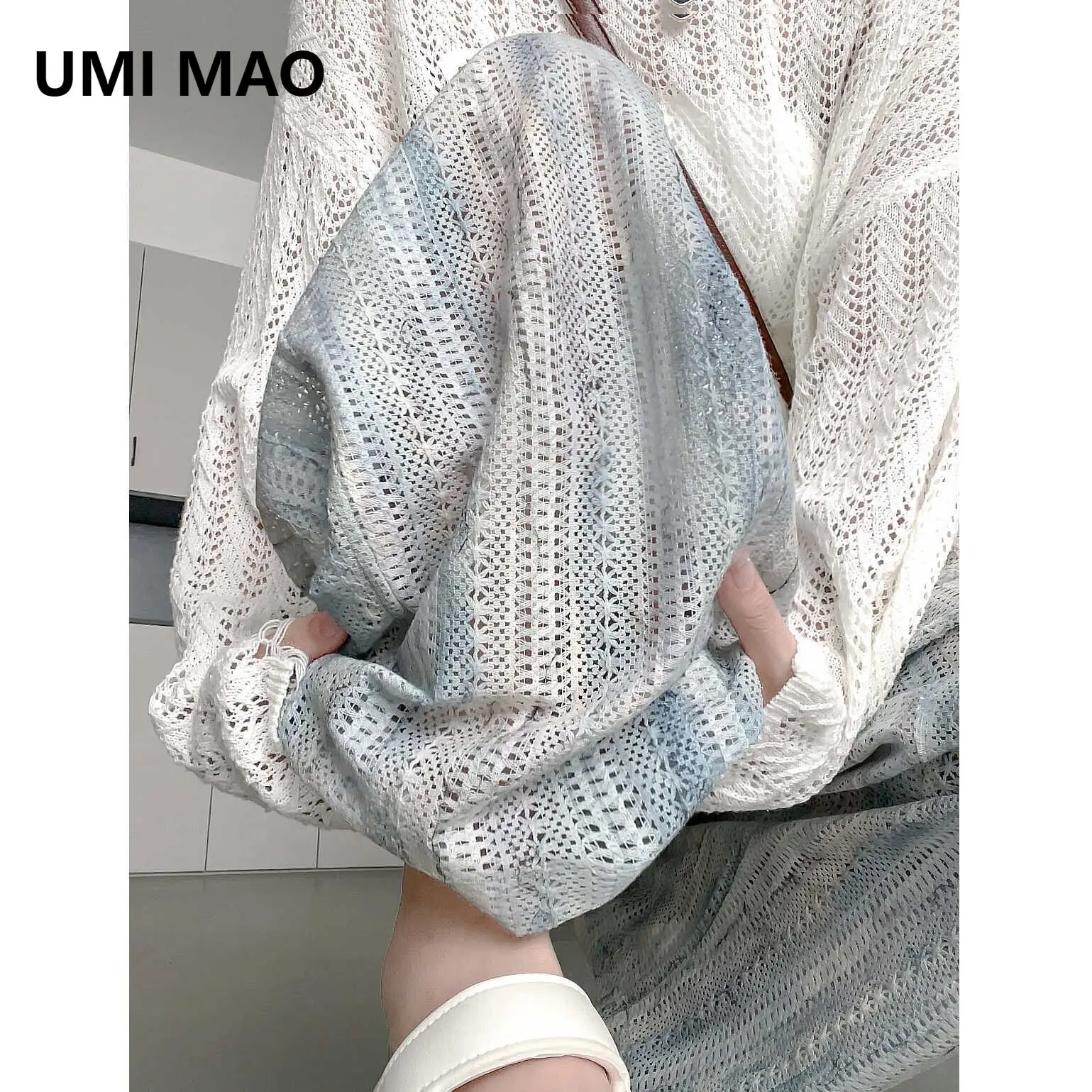 UMI MAO Tie Dye Hollowed Out Wide Leg Pants Women Summer New High Waisted Trousers Casual Slimming Lazy Ice Silk Cool Pant