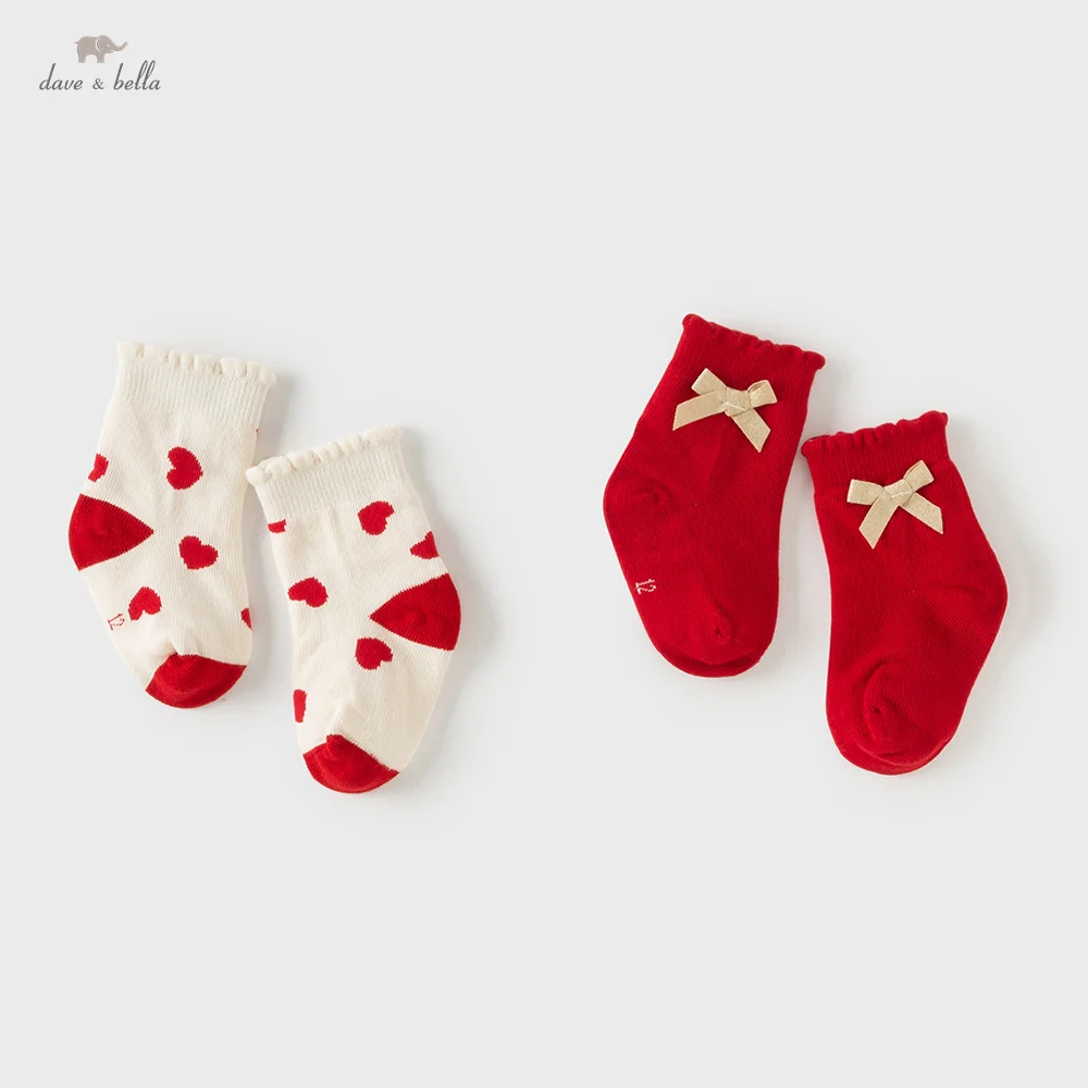 Dave Bella Girls Socks Autumn Winter Children's Elastic Socks Two Pair Set Butterfly Bow Love Pattern Soft Thick Socks DB4254333