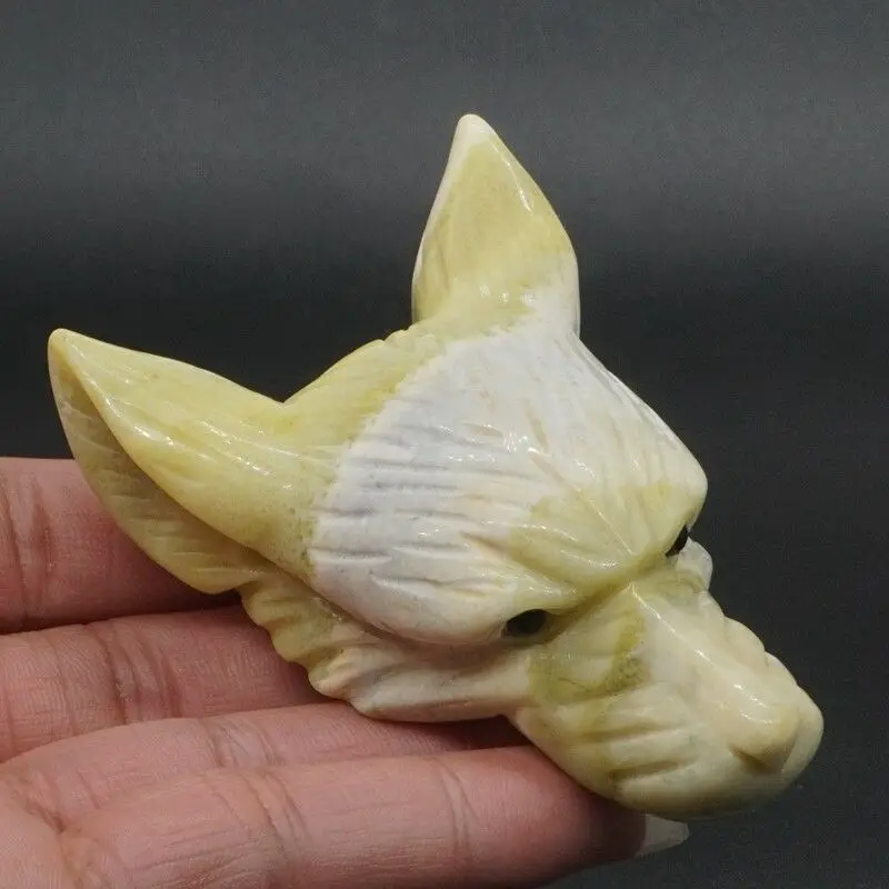 

3.5" Wolf Head Pendant Natural Gems Lemon Jade Crystal Hand Carved Reiki Healing Stone Figurine Craft Home Ornament Decoration