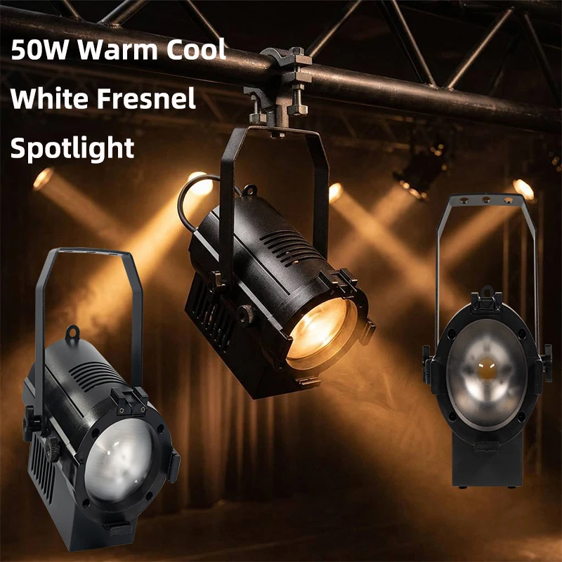 ZVH Warm Cool White LED Fresnel Spotlight Mini 50W 2IN1 25°-80° Manual Zoom Theater Museum Spotlight DMX Control Stage Lighting