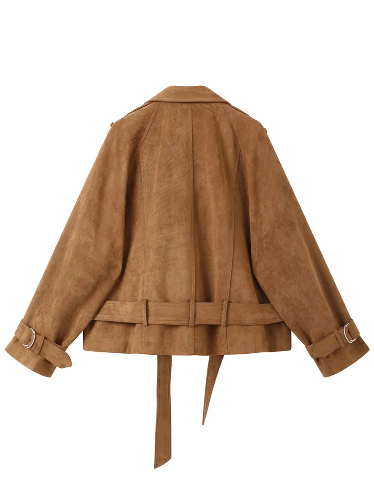 ZMEENNA レディース ショート フェイクスエード ダブルブレスト トレンチ ジャケット コート ベルト付き 秋のファッション オーバーコート カジュアル アウター ZM4288