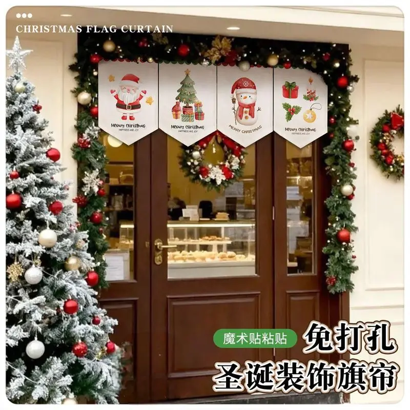 VIKAMA Christmas Pennant Valance Curtain Magic Tape No‑Drill Santa Snowman Hanging Flag for Door Window Shop Holiday Decor