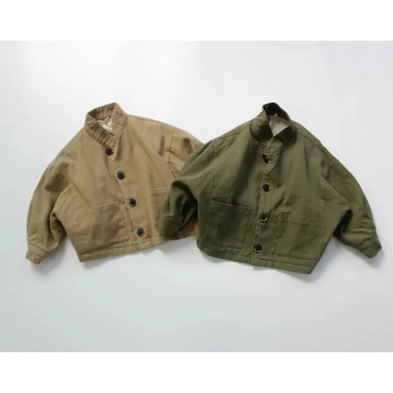 

2025 Autumn New Korean Style Children Coats Bat Sleeve Baby Boys Cotton Linen Jackets Pure Color Kids Clothes Chic Outerwear