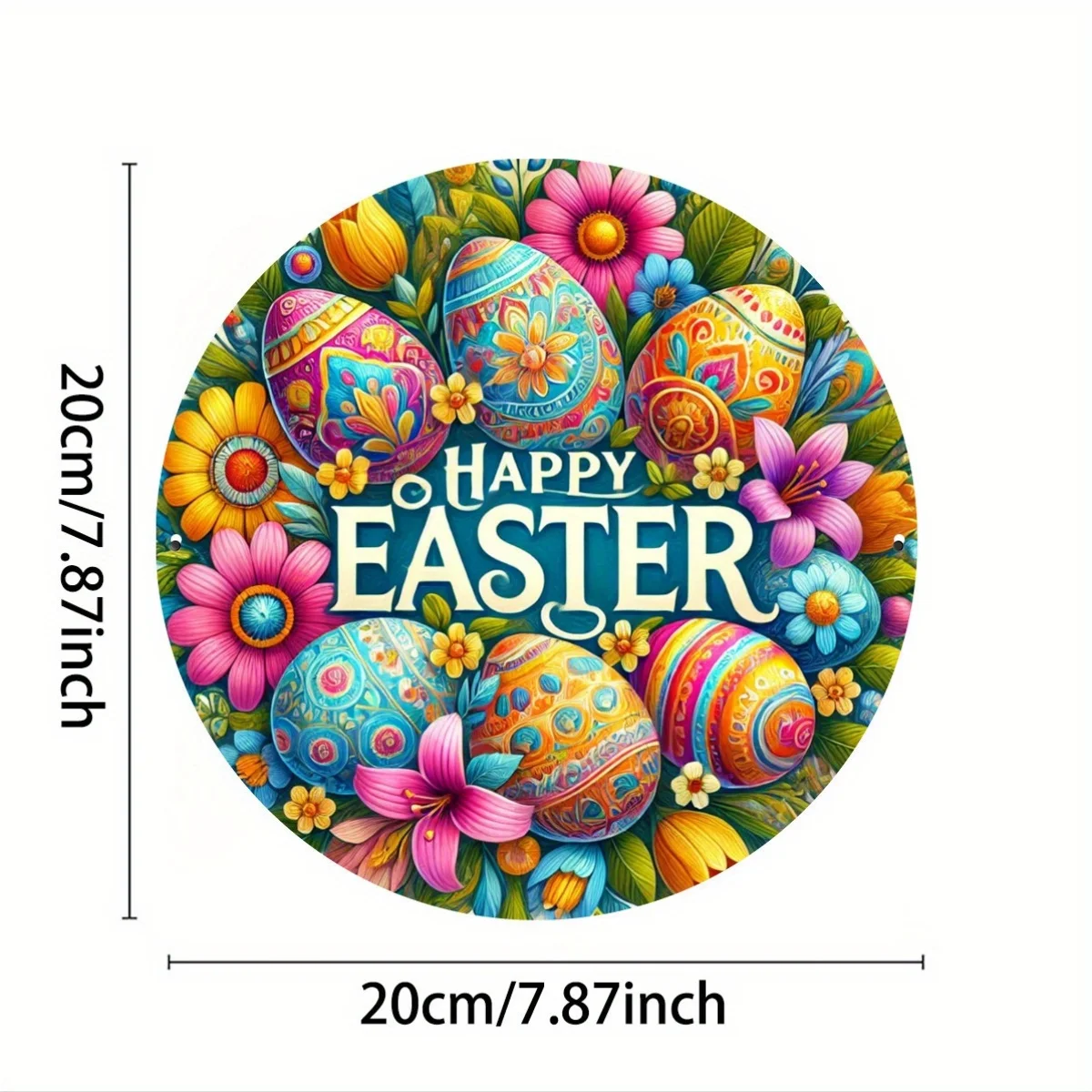 Room Decor 1pc, Easter Celebration Round Metal Tin Sign, 7.8x7.8 inches (20x20 cm), Durable Iron Wall Art, Festive Wreath Hangin