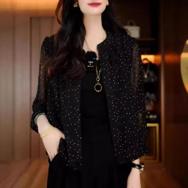 

Women's Black White Polka Dot Long Sleeve Sheer Blouse Loose Casual Button Down Cardigan Top