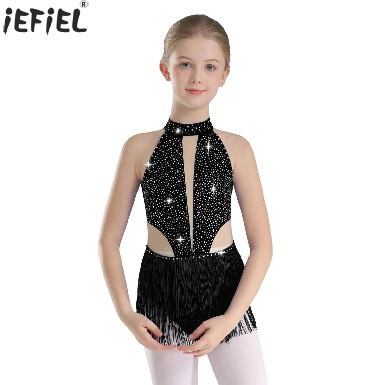 Kids Girls Ballet Latin Dance Dress Sleeveless Rhinestone Tassel Leotard Cha-cha Samba Tango Figure Skating Gymnastics Costume