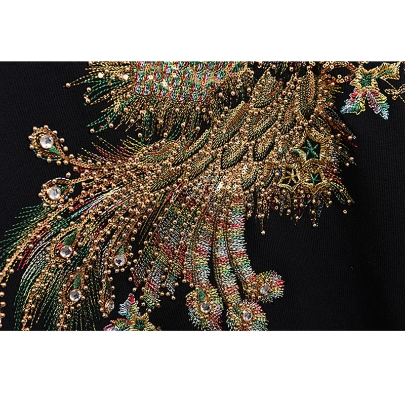 

Manual Beading Embroidery Phoenix Knitted Tracksuit Set Women Black Sweater Pencil Pants Two Piece Outfits Knitting Suit Female