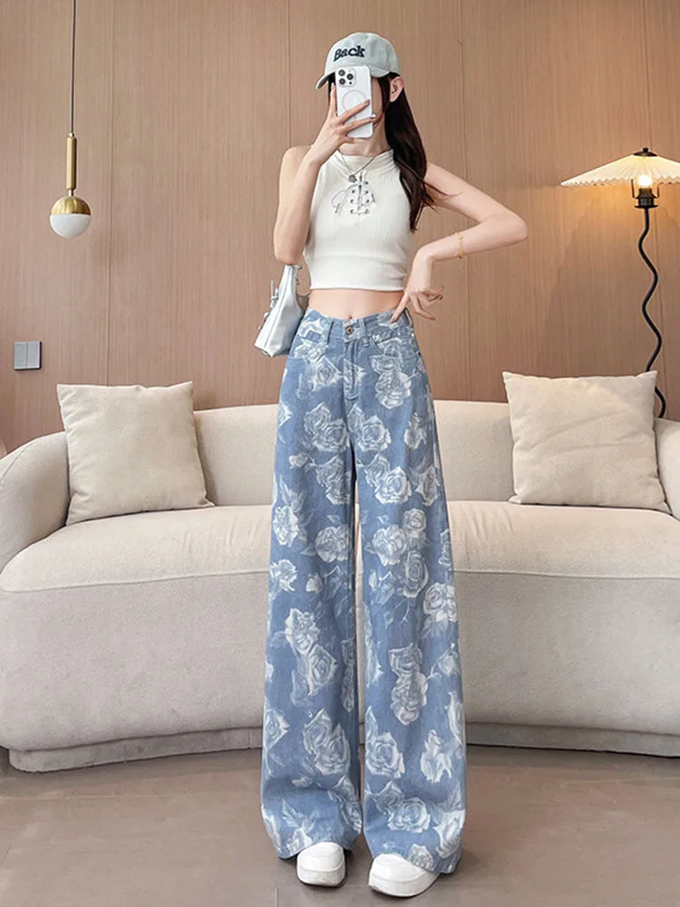 

Spring Summer Women's Print Jeans American Casual Fashion Washed Flower Pattern High Waist Straight Leg Denim Pants