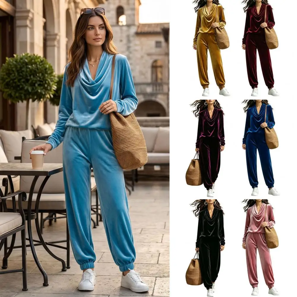 Women Outfits Women’s Velvet Lounge Set Ruffle V-neck Sweatshirt Elastic Waist Pants Solid Color 2-piece Outfit for Relaxation