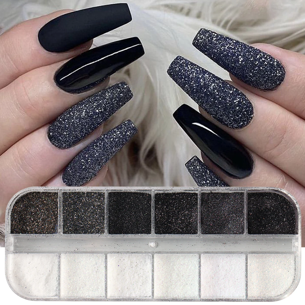 12 شبكة لامعة بيضاء سوداء السكر مسحوق بريق الأظافر تألق السكر الغبار الصباغ لتزيين الأظافر رقائق السكر الكروم