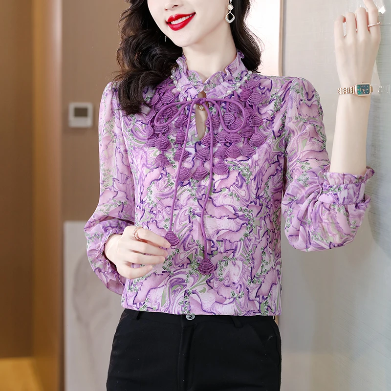 Women's Clothing Light Luxury French Fashion Fragmented Chiffon Shirt Spring Autumn New Drawstring Bow Chic Mulberry Silk Blouse