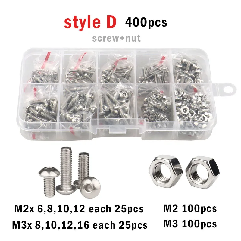 M2 M2.5 M3 M4 M5 304 Stainless Steel Screw Allen Hexagon Hex Socket Button Round Pan Head Screws Bolt Nut Washer Set Box Kit