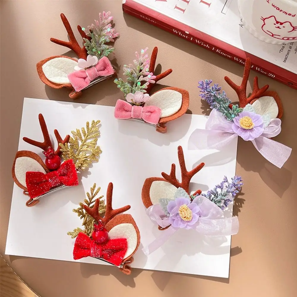 Han Clothes Accessories Antler Hairpin Flower Bow Deer Horn HeadWear Duckbill Clip Hair Decoration Christmas Hair Clip Kids