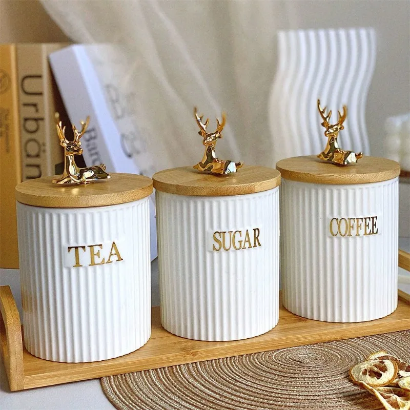 3 Piece Set European White Elk Storage Jar Set Creative Ceramic Candy Jar Home Vertical Pattern Nuts Snacks Herb Storage Bottle