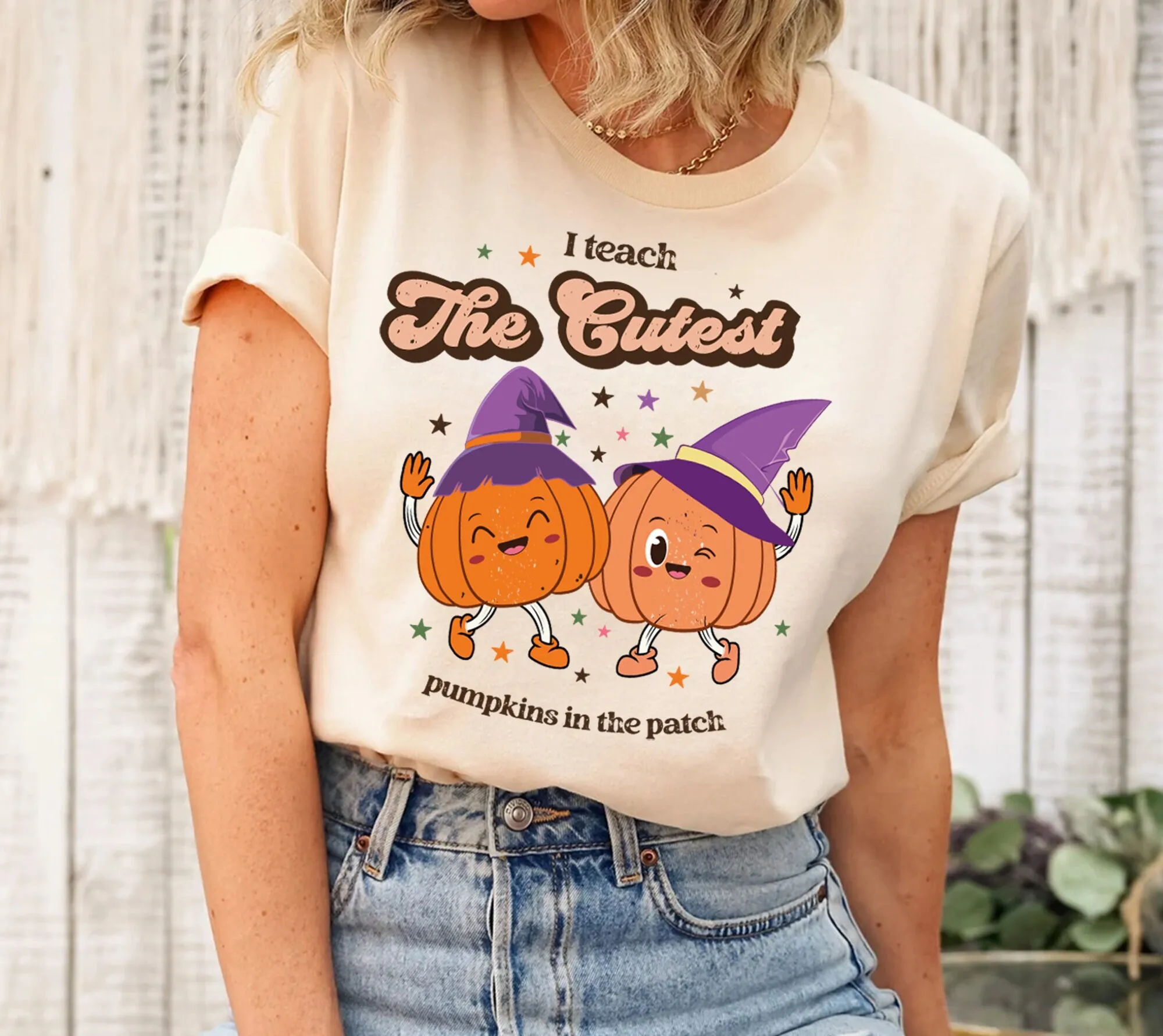 I Teach The Cutest Pumpkins In Entire Patch T Shirt Retro Halloween Teacher Spooky Season Costume Boho Witch Autumn Fall