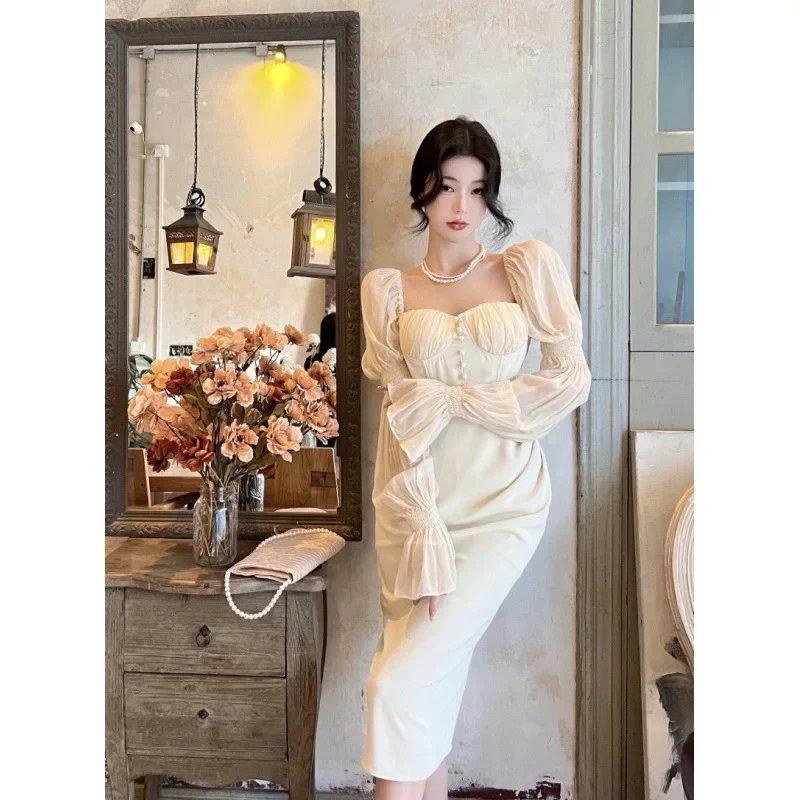 

Spring Autumn Women Fashion Elegant Puff-Sleeve Midi Corset Dresses Evening Prom Female Party Lady Clothes French Dress Y2k 원피스