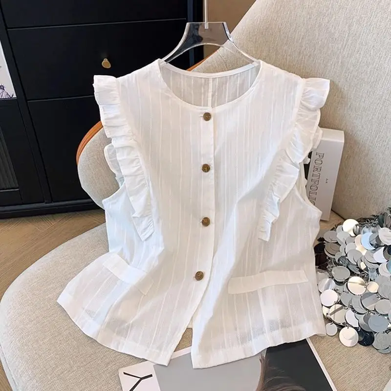 

Pleated Patchwork Button Blouse Summer New Solid Color Loose Simplicity Fashion Shirt Tops Casual High Street Women Clothing