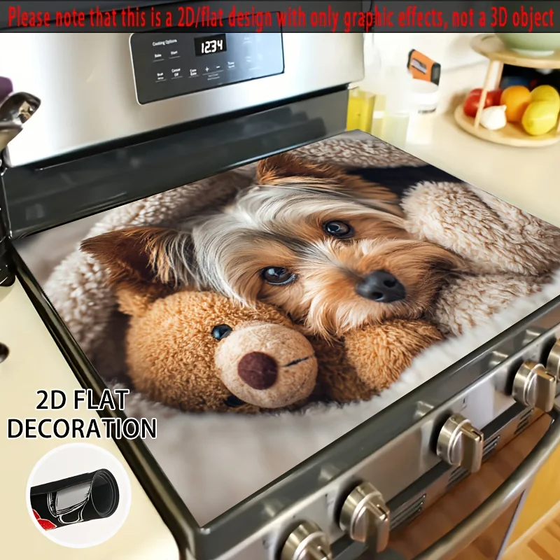 Cozy Yorkshire Terrier Puppy With Teddy Bear Stove Top Cover, Non‑Slip Heat Resistant Mat, Easy Clean Decor  Electric Gas Stove