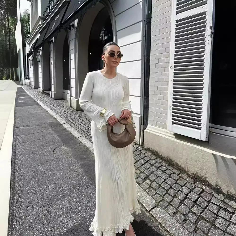 Elegant White Knitted Wedding Guest Dress Woman Ruffle Flare Long Sleeve Backless Lace Up Lacework Fishtail Vacation Sundress