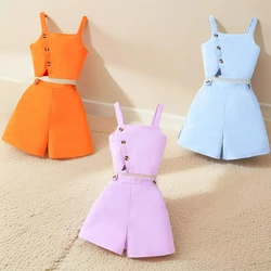 2024 Summer Set Girl Clothes 7 8 9 10 11 12 Years Old Minimalist Sleeveless Strap Shorts Kids Suit Fashionable Teen Outfit