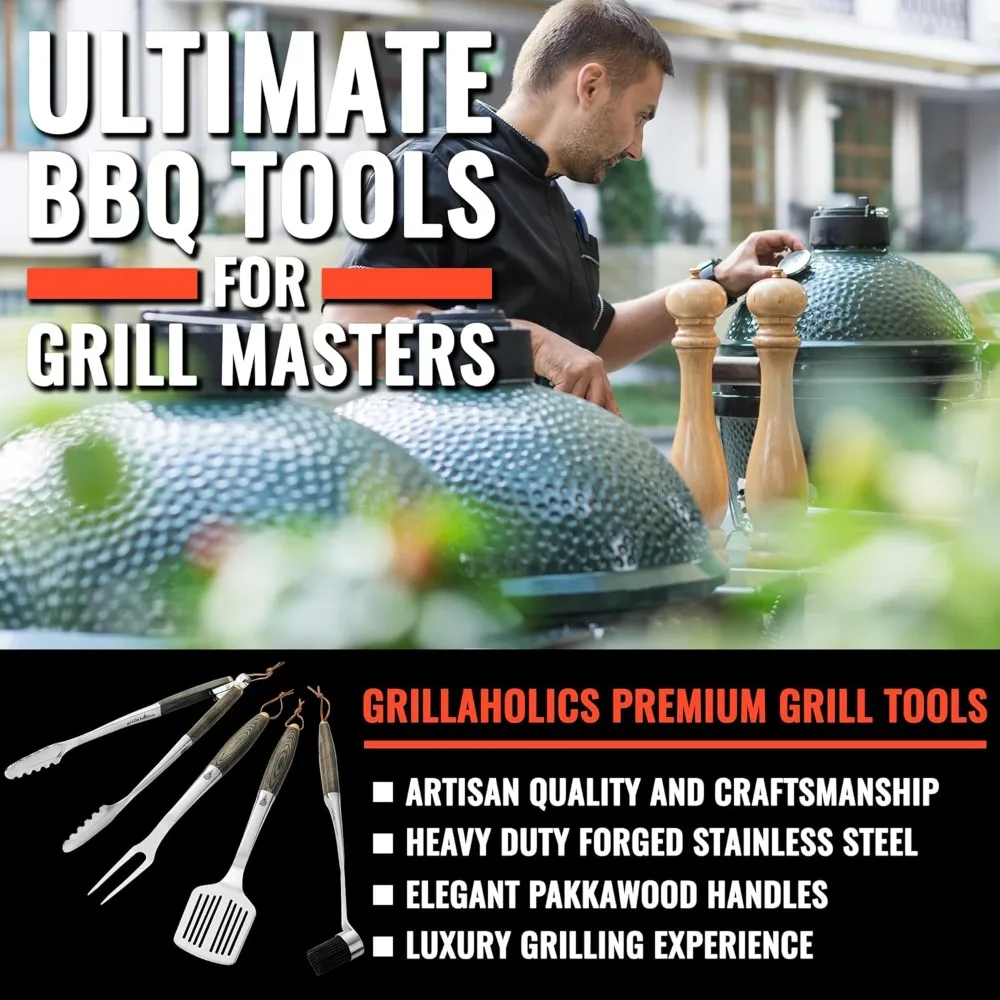 Premium BBQ Grill Tools - Luxury 4-Piece Barbecue Utensils Grill Set - Wooden Gift Box Includes Barbeque Tongs, Meat Fork